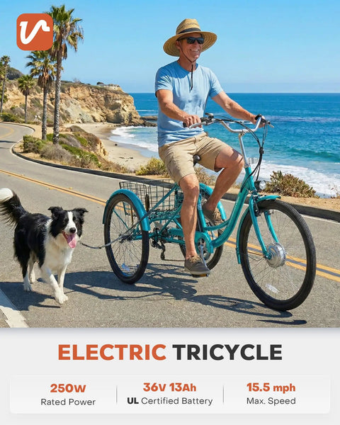 Electric Tricycle For Adults 26 Inch Trike With 250W Peak 500W Motor 468Wh Removable Battery 31 Mile Range Three Modes 3 Wheel Electric Trike For Seniors Teal Color Easy Ride For Daily Commute, teal 3-wheel trike on coastal road