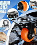 2 Inch Swivel Caster Wheels Set Of 4 Featuring Dual Lock Brakes That Glide Slick Across Hardwood Or Tile Carry Loads Like A Champ At 150 Lbs Each For Home Furniture Shop Carts close-up of a heavy-duty polyurethane wheel with dual locking system and flexible rotation.