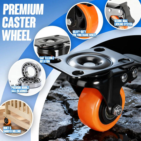 2 Inch Swivel Caster Wheels Set Of 4 Featuring Dual Lock Brakes That Glide Slick Across Hardwood Or Tile Carry Loads Like A Champ At 150 Lbs Each For Home Furniture Shop Carts close-up of a heavy-duty polyurethane wheel with dual locking system and flexible rotation.