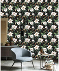 Vintage Floral Peel And Stick Wallpaper Black White And Green Removable Repositionable Textured Matte Finish Washable in cozy room