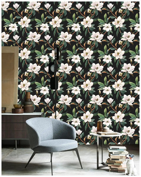 Vintage Floral Peel And Stick Wallpaper Black White And Green Removable Repositionable Textured Matte Finish Washable in cozy room