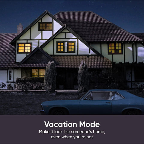 Exterior view of a house at night with lights on, showcasing "Vacation Mode" feature of Smart WiFi Plug 2.4GHz That Works With Alexa And Google Assistant IFTTT No Hub Needed One Pack White Remote Control From Anywhere With App Certified For Humans.