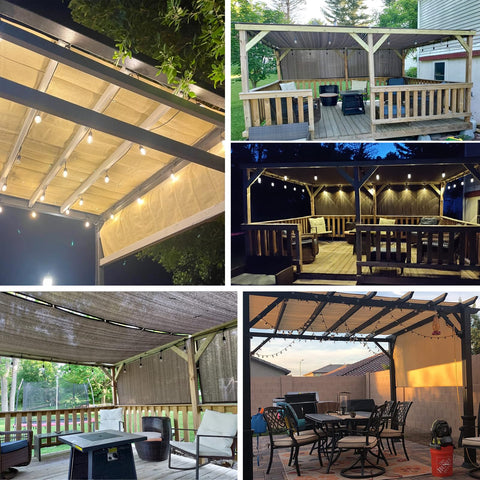 12 By 12 Pergola Cover With Grommets And Weighted Rods HDPE UV Blocking Shade Cloth setup over various decks and gazebos