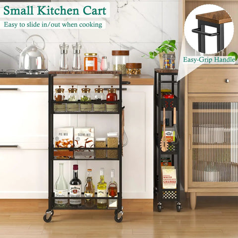 Go To Slim Four Tier Rolling Storage Cart For Narrow Spaces With Wood Top And Metal Handle Mobile Kitchen And Pantry Shelving Unit On Wheels in kitchen