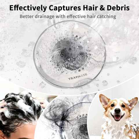 Top Shelf Reversible Bathtub Drain Strainer And Hair Catcher Set Crafted From Heavy Duty 304 Stainless Steel in use with hair and bubbles.