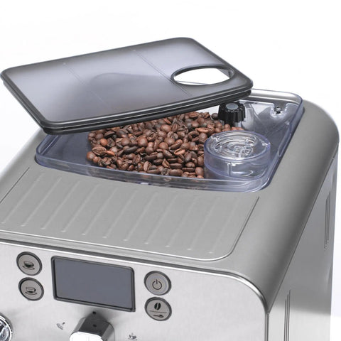 Super Automatic Espresso Machine With One Touch Brewing Delivers Solid Daily Grinds And Straight Fire Shots That Hit Different Every Time In A Sleek Silver Body Made For Zero Hassle Home Brewing with open bean hopper and beans.