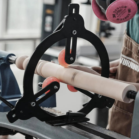 Woodturning Steady Rest For Twelve Inch, Fourteen Inch, And Sixteen Inch Swing Lathe in use with spindle, reducing vibration