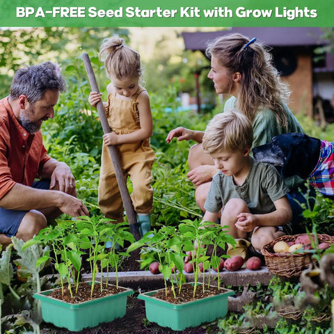 Family gardening with All In One Seedling Starter Kit with Grow Lights and Heat Mat, 72 cell trays in a garden setting
