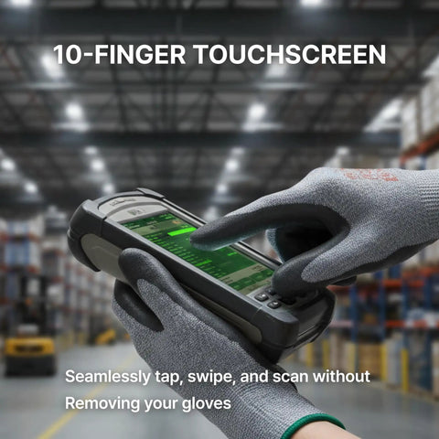 Person using device with Ultra Thin Nitrile Work Gloves FN330 With 3D Comfort Fit, Non Slip Grip, touchscreen feature, grey, medium