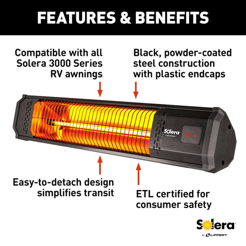 Detachable Electric RV Awning Patio Heater With Built In Timer Powder Coated Steel UL Certified IP35 Weather Rated Includes Power Cord