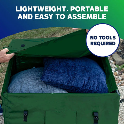 76 Gallon Waterproof Outdoor Deck Box with Tough Tarpaulin Cover holding cushions, green, for patio boat yard or camping storage