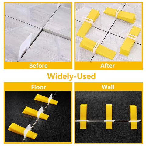 Reusable Tile Leveling Wedges Set DIY Friendly Pro Grade Tile Leveling System Kit With One Eighth One Sixteenth One Thirty Second Inch Spacers 500 Pieces Yellow For Easy Tile Install Durable Plastic Wedges Quick Align And Level Every Time showing before and after tile leveling on floor and wall