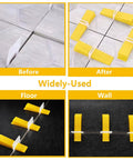 Reusable Tile Leveling Wedges For DIY Installations Durable 1000 Piece Leveling System Kit With One Eighth Inch One Sixteenth Inch And One Thirty Second Inch Spacers Yellow shown in use on floor and wall tiles