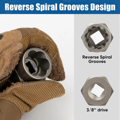 Reverse spiral grooves design on 34 Piece Bolt And Screw Extractor Kit with case for stripped fasteners, close-up view