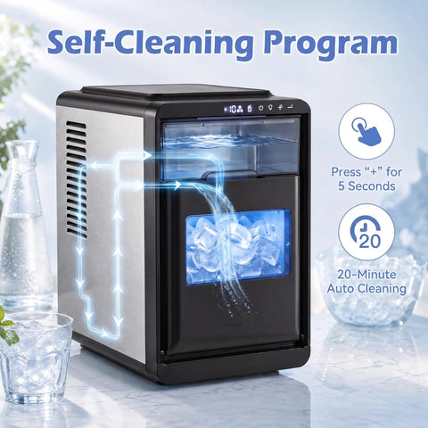 Compact Counter Top Ice Cube Machine Whips up 16 Crisp Crescent Cubes in Just 15 Mins With 11 Adjustable Thickness Options To Crush Your Cocktail Game And Serve Sick Chills For Parties Or Lazy Weekends At Home showing self-cleaning function.