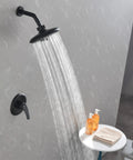 Matte Black Shower System With Anti Scald Valve And 6 Spray Head, Full Shower Faucet Set With Handle in a modern bathroom setup