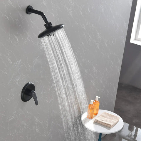 Matte Black Shower System With Anti Scald Valve And 6 Spray Head, Full Shower Faucet Set With Handle in a modern bathroom setup