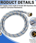 4 Ft Burst Proof Stainless Steel Washing Machine Hoses, 2 Pack Hot And Cold Striped Water Supply Lines With Three Quarter Inch Fittings