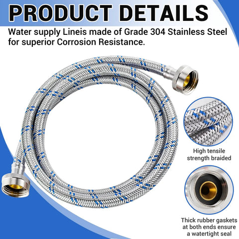 4 Ft Burst Proof Stainless Steel Washing Machine Hoses, 2 Pack Hot And Cold Striped Water Supply Lines With Three Quarter Inch Fittings