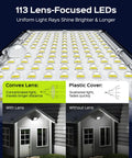 Outdoor Solar Lights With Motion Sensor, 113 LED Cool White Waterproof Dusk To Dawn Security Spotlight, lens comparison