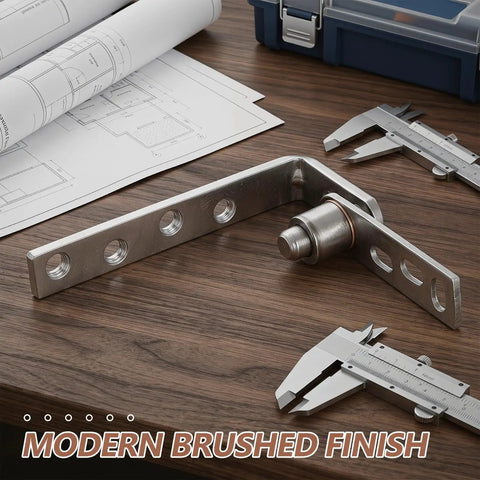 Double Swing Saloon Door Hinge With Gravity Return And Self Closing Spring Loaded Mechanism, Heavy Duty Stainless Steel displayed on a table with calipers and blueprints.