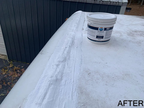 Heavy Duty Silicone Roof Patch Kit 2 Gallon Black for Preventing Leaks and Total Waterproofing applied on RV roof, showing finished seal.