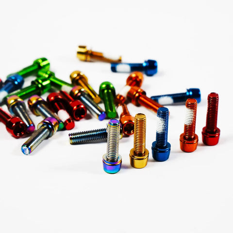 Colorful steel screws including Six Pack Mountain Bike Stem Bolts M5 X 18mm Hex Socket Steel Screws For MTB DH BMX Road Bikes.