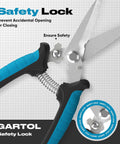 8 Inch Heavy Duty Scissors And Tin Snips Workhorse With Wire Cutter Notch For Sheet Metal Cable Insulation Carpet Leather All Purpose Utility Shears Ergonomic Electrician Tools With Safety Lock safety lock close-up on blue and black handles