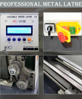 TECHTONGDA metal lathe collage: gray bench lathe with metric threading, control panel and leadscrew