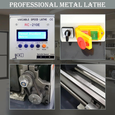 TECHTONGDA metal lathe collage: gray bench lathe with metric threading, control panel and leadscrew
