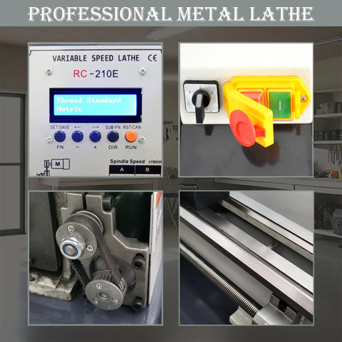 Precision 8X16 Metal Bench Lathe Featuring Auto Metric To Inch Thread Switching 1100W Brushless Motor display panel with controls.