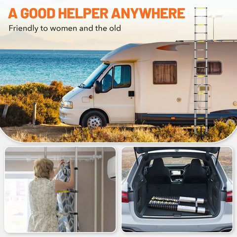 Ten And A Half Foot One Button Retraction Telescoping Ladder Aluminum Lightweight Bombproof Go To Portable Extension Ladder With Non Slip Foldable Feet For RV Outdoor Use 330 Lb Capacity shown by RV