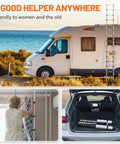 Fifteen And A Half Feet Telescoping Aluminum Ladder with Triangle Stabilizers next to RV, woman using in home, collapsed in car trunk