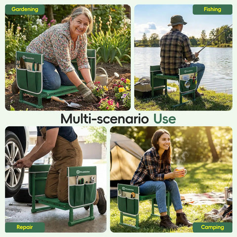 Garden Kneeler And Seat With Anti Tip Extendable Legs Foldable Portable Garden Stool With Two Tool Bags Thick Soft Kneeling Pad Great Gift For Women Men Seniors Deep Green used in gardening, fishing, repair, and camping scenarios
