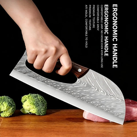 Two Piece Meat Cleaver Knife Set For Cutting Meat And Veggies Beast Mode Tough Carbon Steel Viking Style Kitchen Knives on chopping board