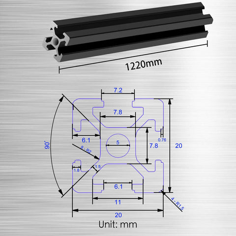 Diagram showing Ten Pieces 48 Inch T Slot Aluminum Extrusion Profile 1220mm European Standard Aluminum Linear Rail dimensions