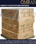 Clear LDPE Pallet Top Sheets 1 Mil Thick 60 X 60 Inch 250 Pack atop stacked boxes providing dust and moisture protection.