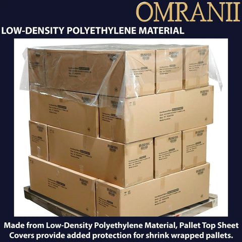 Clear LDPE Pallet Top Sheets 1 Mil Thick 60 X 60 Inch 250 Pack atop stacked boxes providing dust and moisture protection.