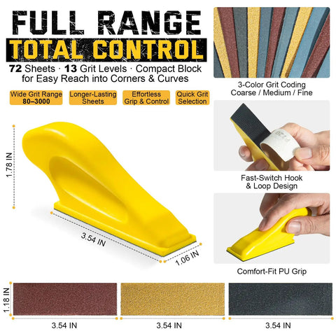 Premium Sandpaper Set With Ergonomic Hand Sander 72 Pieces 13 Grit Levels From 80 To 3000 Color Coded Sanding Sheets