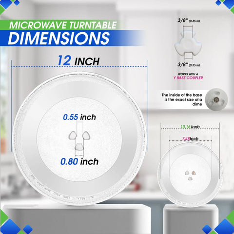Diagram showing dimensions and compatibility of the 12 Inch Microwave Glass Turntable Plate Replacement Fits W10337247 W11367904 Models.