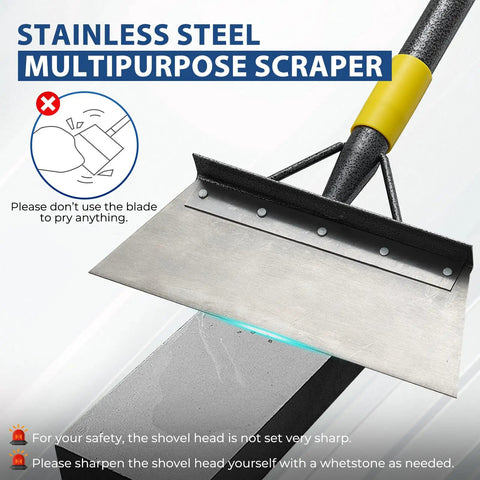 Close-up of heavy duty 60 inch stainless steel long handle floor scraper for ice, weeds, moss, cracks, no fuss concrete joint cleaning