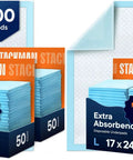 Hella Heavy Duty Disposable Pee Pads 200 Pack Multi Purpose Underpads Super Absorbent Waterproof Bed And Chair Liners For Pet Potty Training And Baby Changing 17X24 Inch with blue pads stacked.