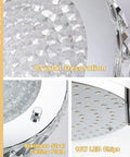 Close-up of Crystal Flush Mount Ceiling Light with K9 Crystals, dimmable 18W LED, showing crystal accents and stainless steel frame