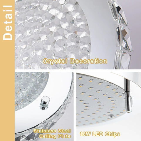 Close-up of Crystal Flush Mount Ceiling Light with K9 Crystals, dimmable 18W LED, showing crystal accents and stainless steel frame