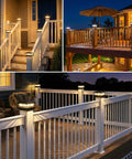 Slick 16 Pack Black Solar Post Cap Lights For 4X4 Wooden Or Vinyl Fences Waterproof dual tone lighting on outdoor deck and stairs.