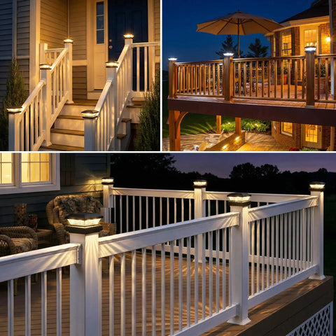 Slick 16 Pack Black Solar Post Cap Lights For 4X4 Wooden Or Vinyl Fences Waterproof dual tone lighting on outdoor deck and stairs.