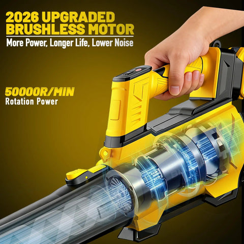 Beast Cordless Leaf Blower Tool Only, 6 Speed Brushless Turbofan close-up, highlighting handle and motor components.