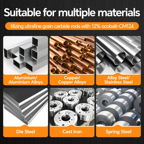 Collage of materials: aluminum, copper, alloy steel, die steel, cast iron, and spring steel suitable for carbide end mills.
