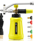 Foam Cannon With Dual Connectors For Pressure Washers, Double Tip Soap Cannon Attachment, 1 Liter, Five Nozzles, Yellow