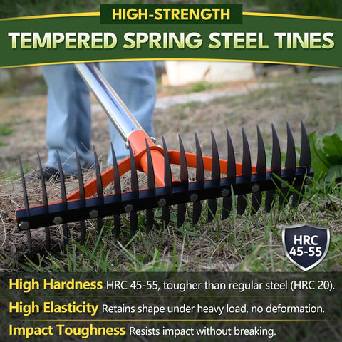Person using Must Have Thatch Rake For Lawns 18 Sharp Tempered Spring Steel Tines With 62.5 Inch Adjustable Stainless Steel Handle